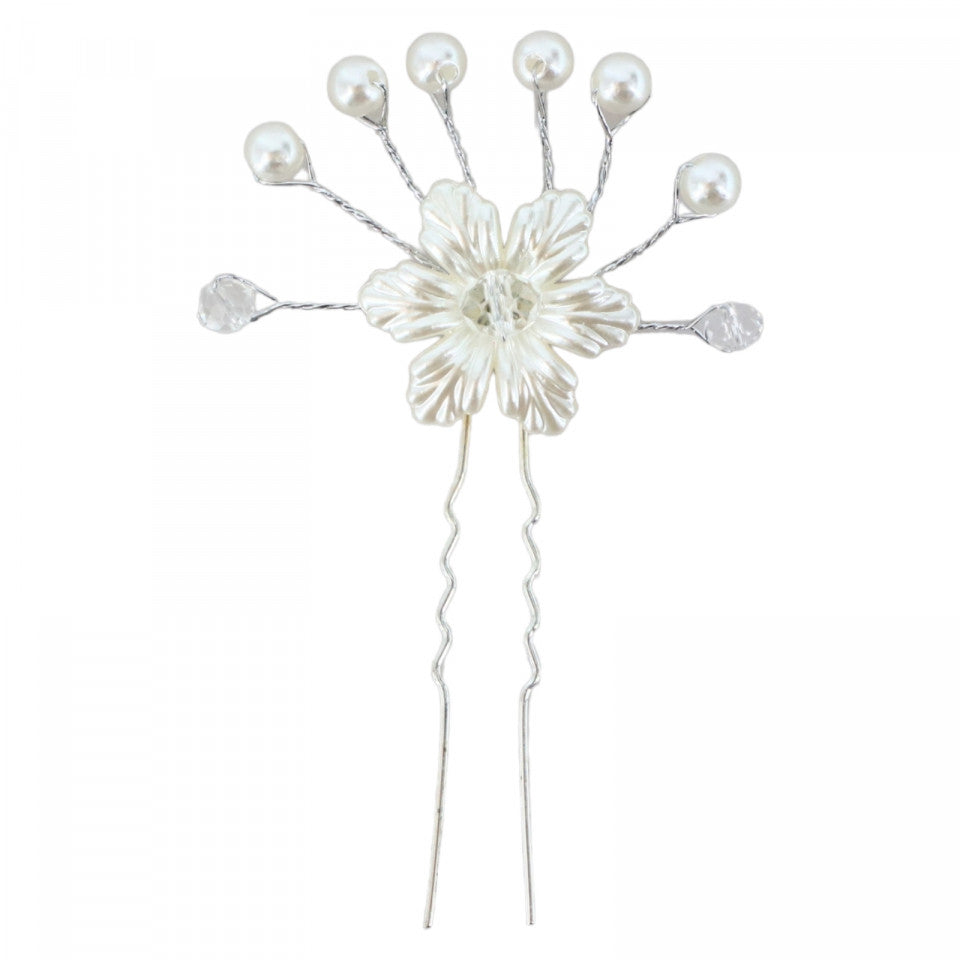 Ac pentru par, perle, strasuri, floare, NO424, 9 cm, Alb