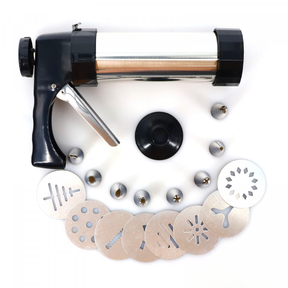 Aparat pentru biscuiti, 16 accesorii, Inox, 250 ml, 22 x 13 cm, Argintiu