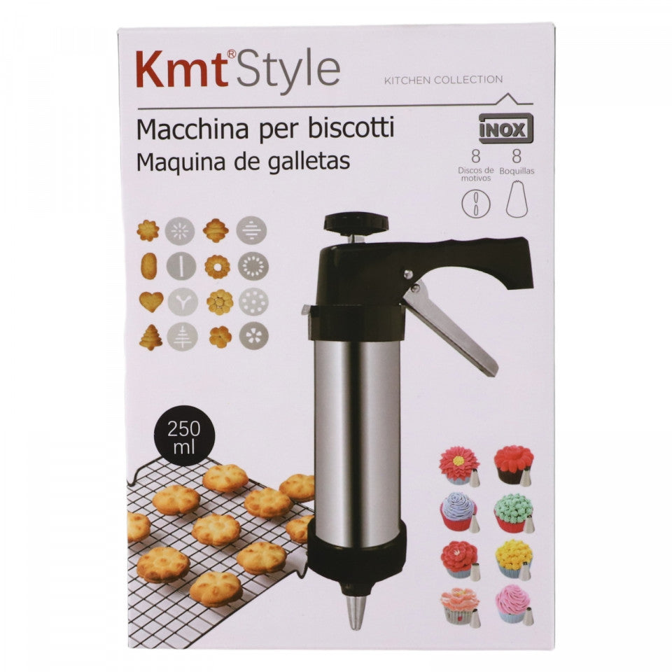 Aparat pentru biscuiti, 16 accesorii, Inox, 250 ml, 22 x 13 cm, Argintiu