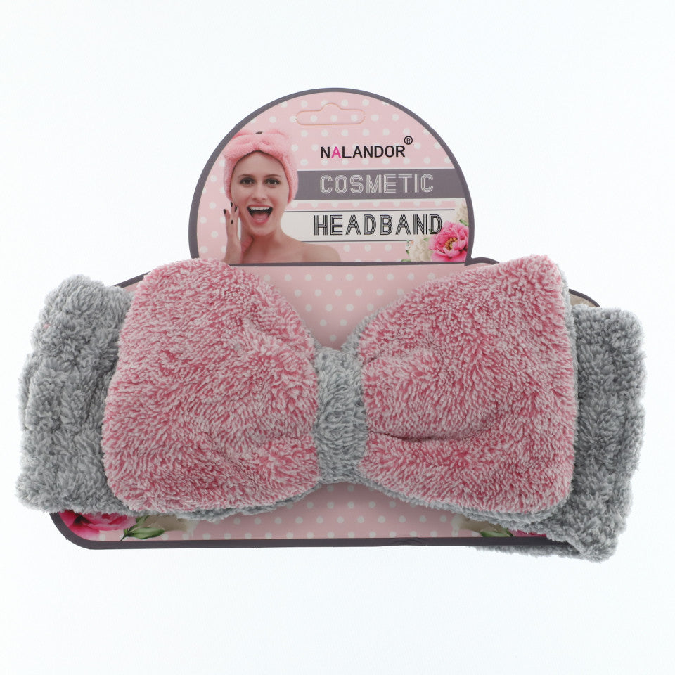 Bentita pentru baie / cosmetica, elastica, cu fundita, 22 x 8 cm, Gri cu roz