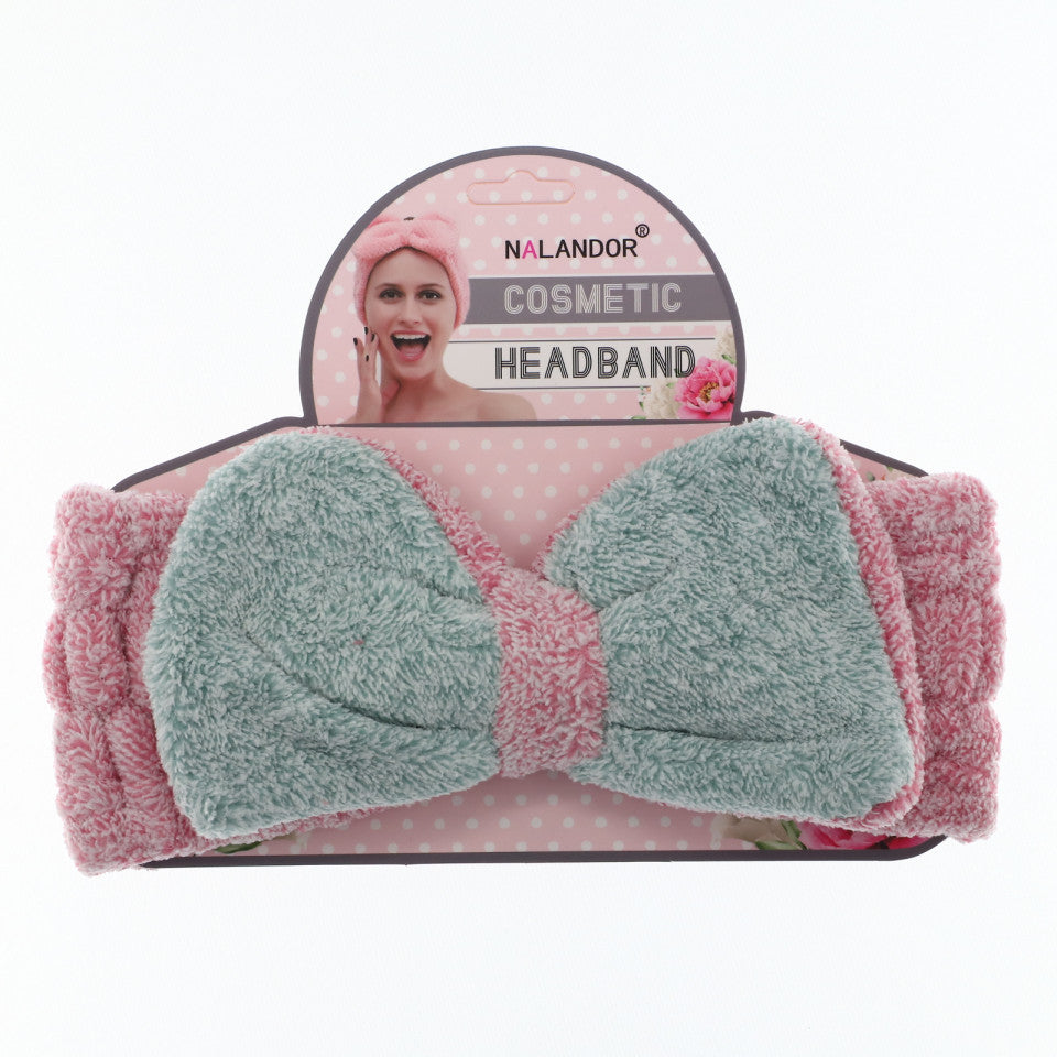 Bentita pentru baie / cosmetica, elastica, cu fundita, 22 x 8 cm, Roz cu verde