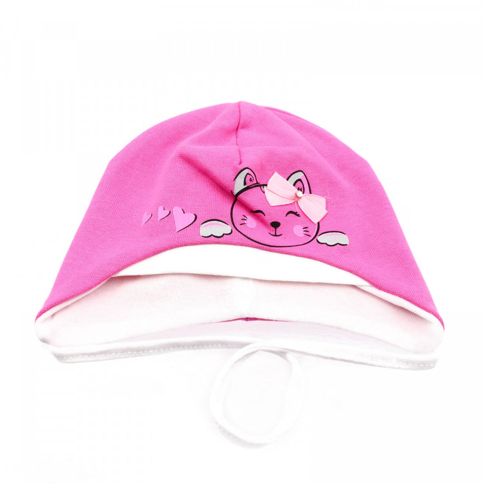 Caciula pentru fetite, cu imprimeu pisicuta, marime 36, 12 luni, Roz inchis