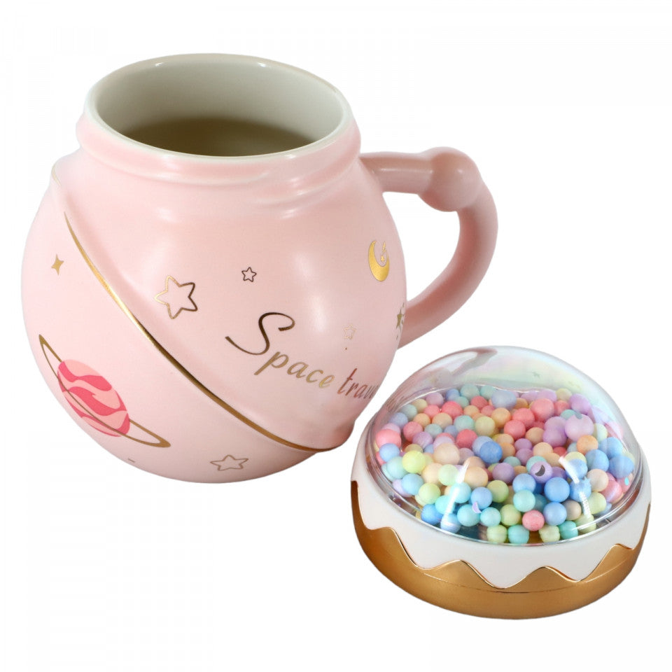 Cana ceramica, Space travel, Capac rainbow, 350ml, NO432, Roz