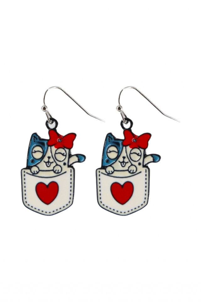 Cercei amuzanti, Pisica cu inima, NO10056, Otel inoxidabil, 2.5 cm, Multicolor