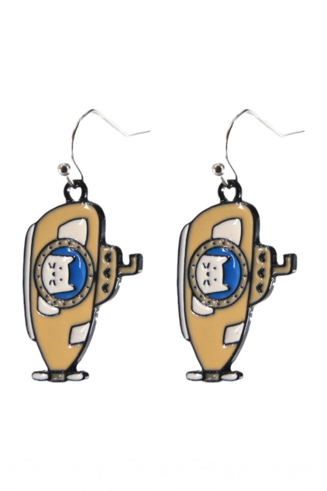 Cercei amuzanti, Pisica in submarin, NO9987, Otel inoxidabil, 2 cm, Multicolor