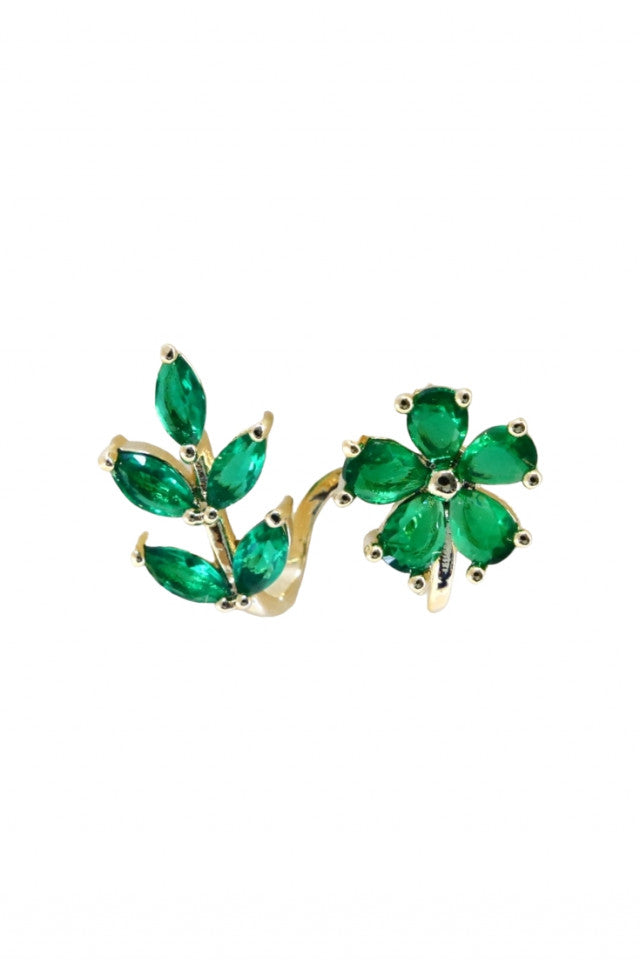 Cercei dama, Floare cu frunze, Tip Ear Cuff, Zirconiu, Otel inoxidabil, NO1848, 1.5 cm, Verde