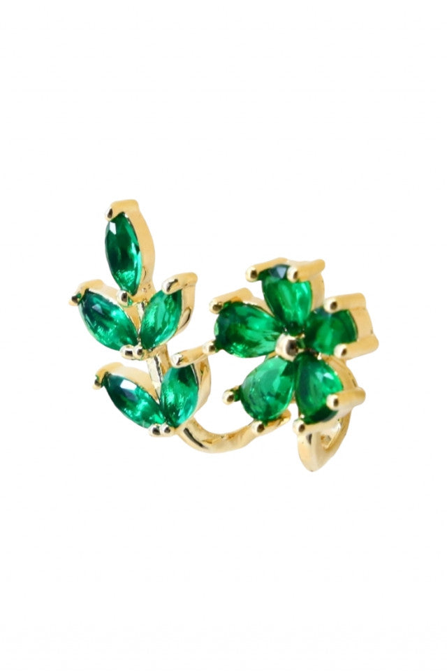 Cercei dama, Floare cu frunze, Tip Ear Cuff, Zirconiu, Otel inoxidabil, NO1848, 1.5 cm, Verde