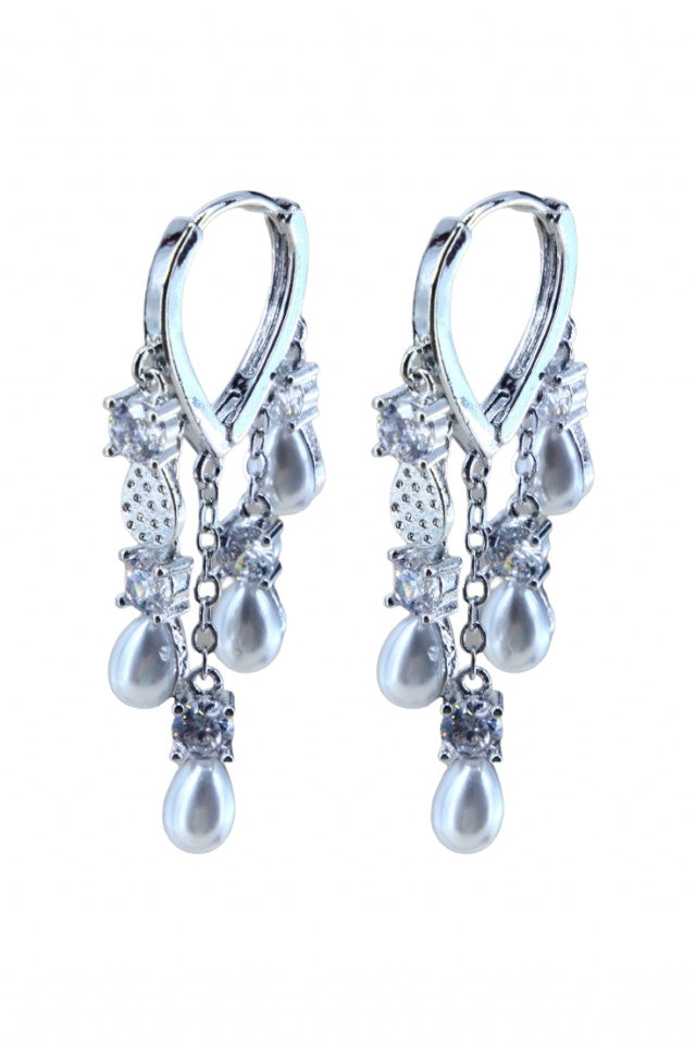 Cercei dama, Inima, Perle, Zirconiu, Otel inoxidabil, NO1196, 3.5 cm, Argintiu