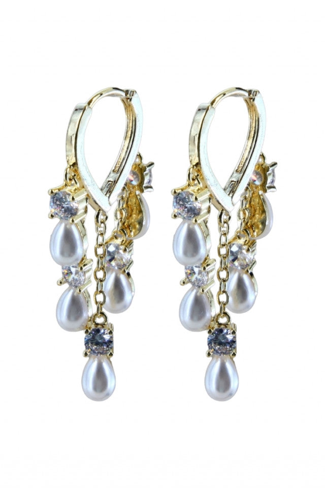 Cercei dama, Inima, Perle, Zirconiu, Otel inoxidabil, NO1197, 3.5 cm, Auriu