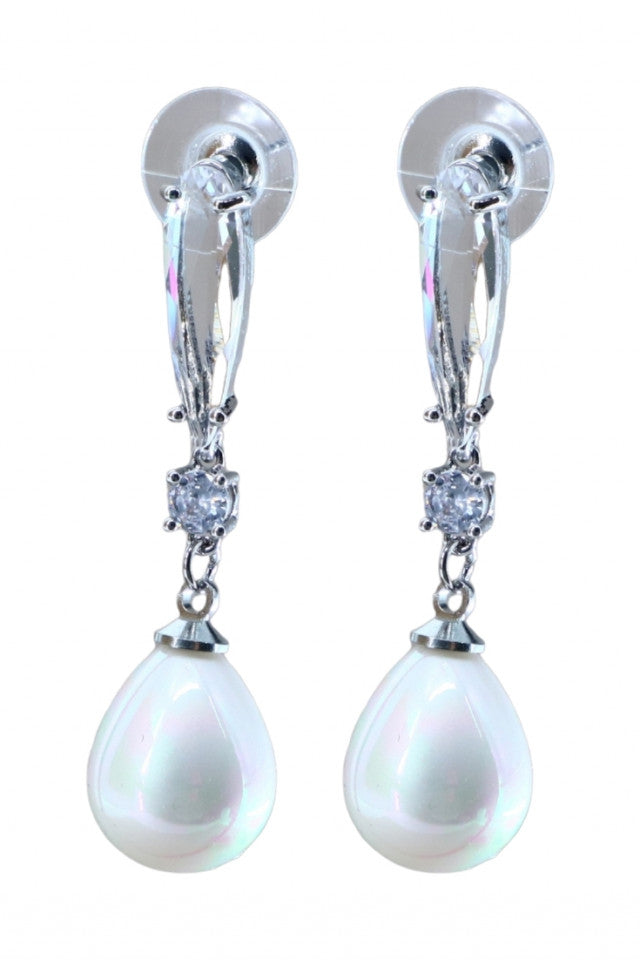 Cercei dama, Lacrima, Perla, Otel inoxidabil, NO1388, 4.5 cm, Argintiu