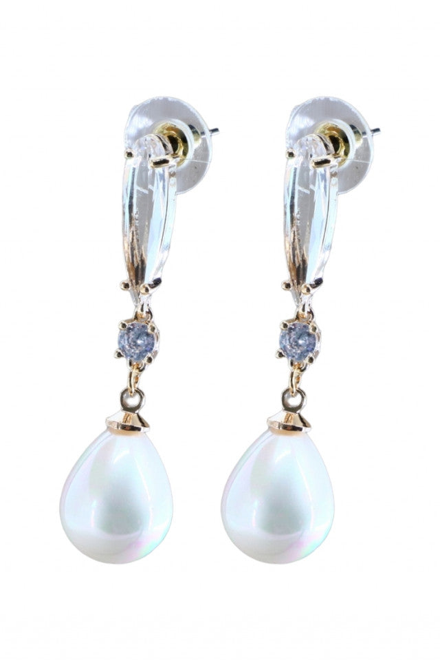 Cercei dama, Lacrima, Perla, Otel inoxidabil, NO1389, 4.5 cm, Auriu