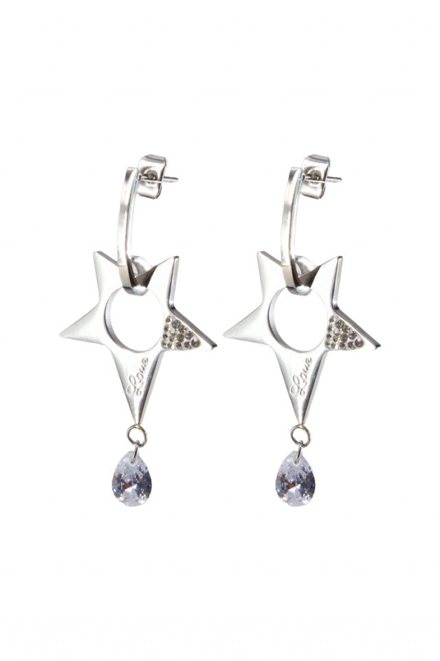 Cercei dama, Stelute Love, Zirconiu, Otel inoxidabil, NO2886, 4 cm, Argintiu