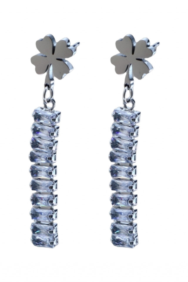 Cercei dama, Trifoi, Zirconiu, Otel inoxidabil, NO1357, 4.6 cm, Argintiu