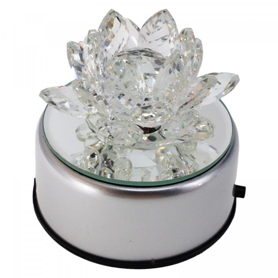 Decoratiune cristal Lotus cu dispozitiv rotativ RGB, Nufar, Feng Shui, Armonie, Echilibru, 8 cm, Alb