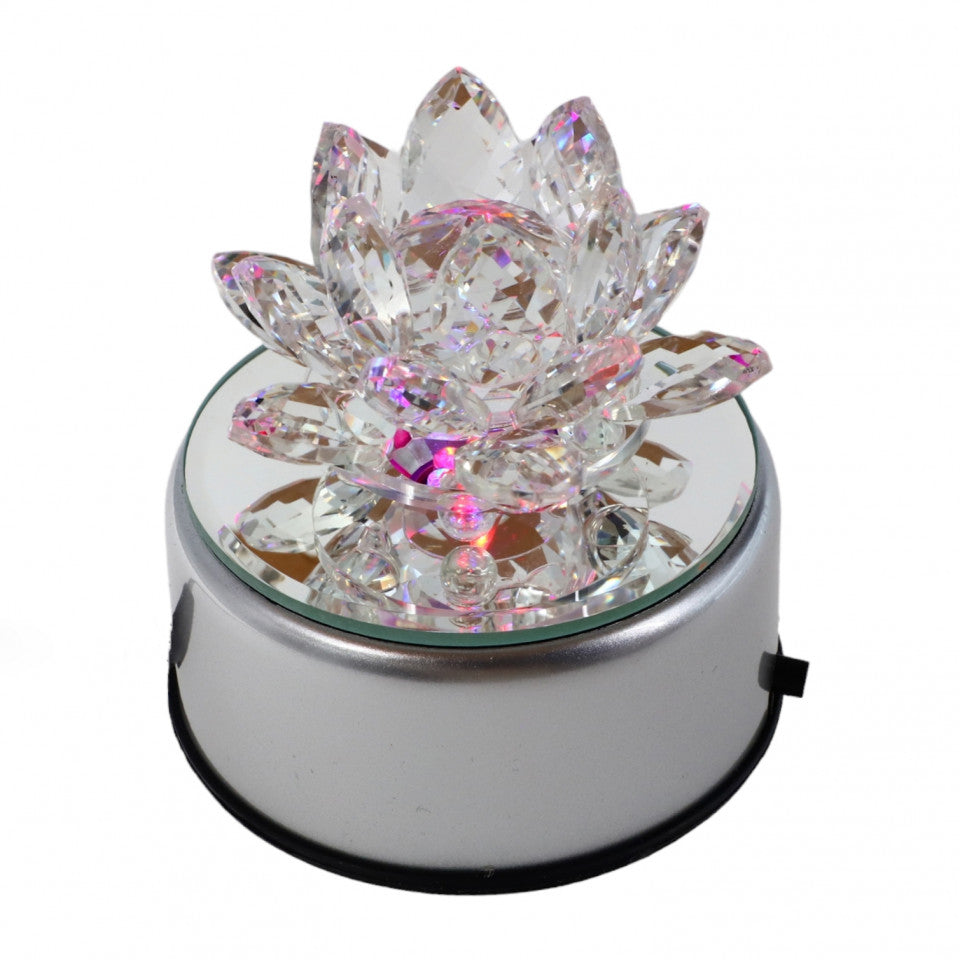 Decoratiune cristal Lotus cu dispozitiv rotativ RGB, Nufar, Feng Shui, Armonie, Echilibru, 8 cm, Alb