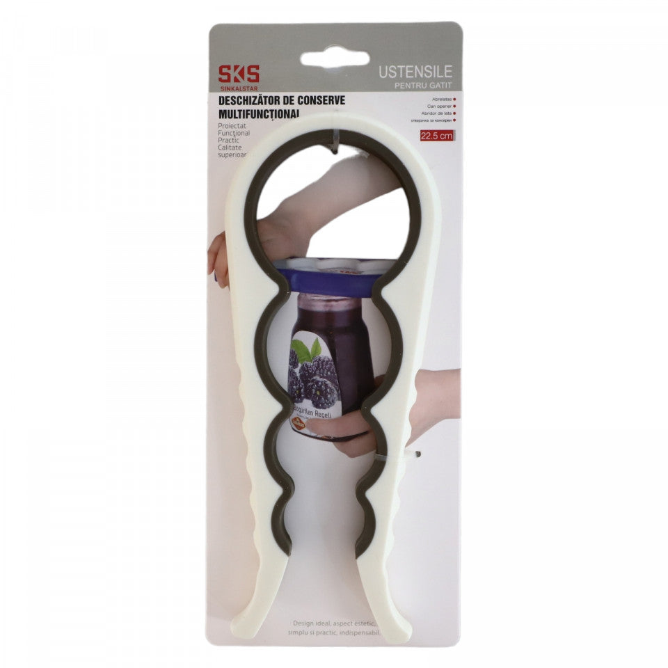 Deschizator de borcane si sticle, multifunctional, maner antialunecare,22.5 cm, Plastic, Alb