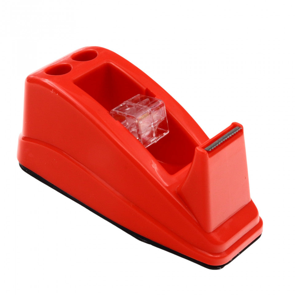 Dispenser banda adeziva/scotch, cu greutate de sustinere, pentru birou, 13.5 x 5.7 x 6 cm, Rosu