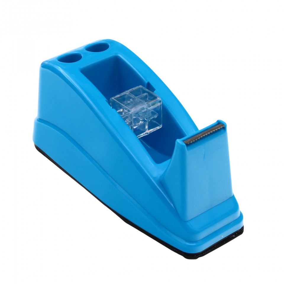 Dispenser banda adeziva/scotch, cu greutate de sustinere, pentru birou, 13.5 x 5.7 x 6 cm, Albastru