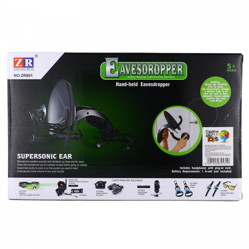 Dispozitiv de jucarie de spionat, dispozitiv supersonic de ascultare, amplifica sunetele, protejeaza urechile de sunete puternice, casti incluse, usor de utilizat, negru