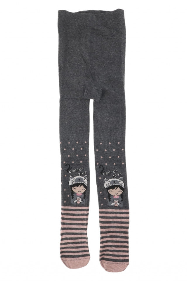 Dres pentru fetite, 80% Bumbac, imprimeu fetita, Antialunecare, NO918, 5-7 ani, Gri inchis