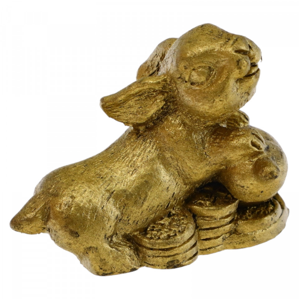 Iepure pe monede si WU Lou, Sanatate, Vitalitate, Protectie, Dragoste, NO1705, 4.3 x 5.2 cm, Auriu