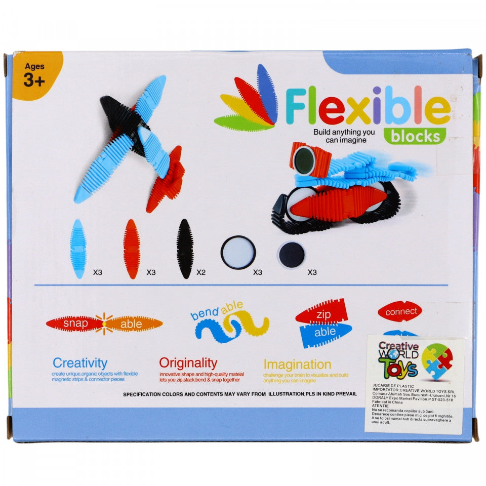 Joc creativ, de constructie, cu piese flexibile, magnetice si cu imbinari tip fermoar, 14 piese, Multicolor