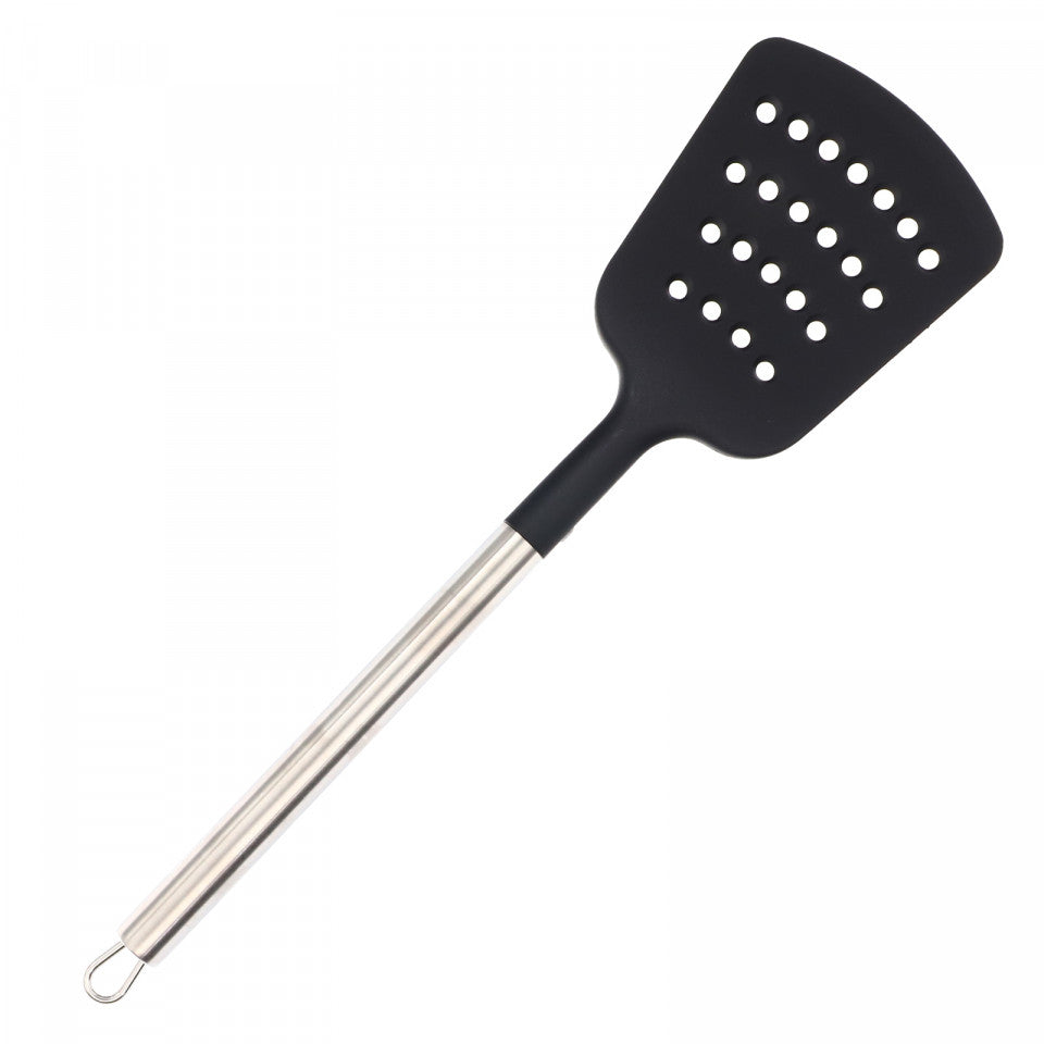 Paleta perforata pentru bucatarie, maner din inox si agatator, cu suport antirostogolire, 33.5 x 9 cm, Negru