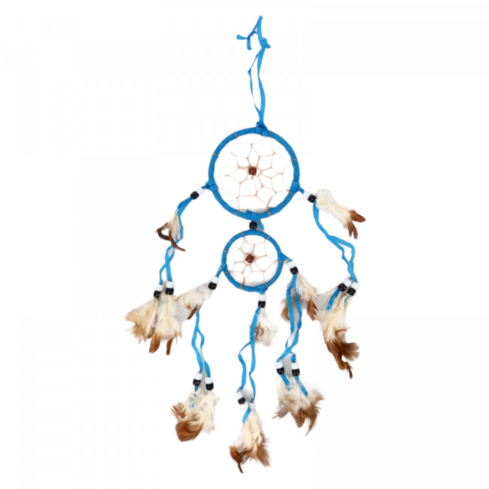 Prinzator de vise, cu 2 cercuri si 5 fire, Dreamcatcher, Feng Shui, NO2047, 33 cm, Albastru