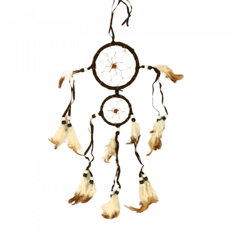 Prinzator de vise, cu 2 cercuri si 5 fire, Dreamcatcher, Feng Shui, NO2047, 33 cm, Maro inchis