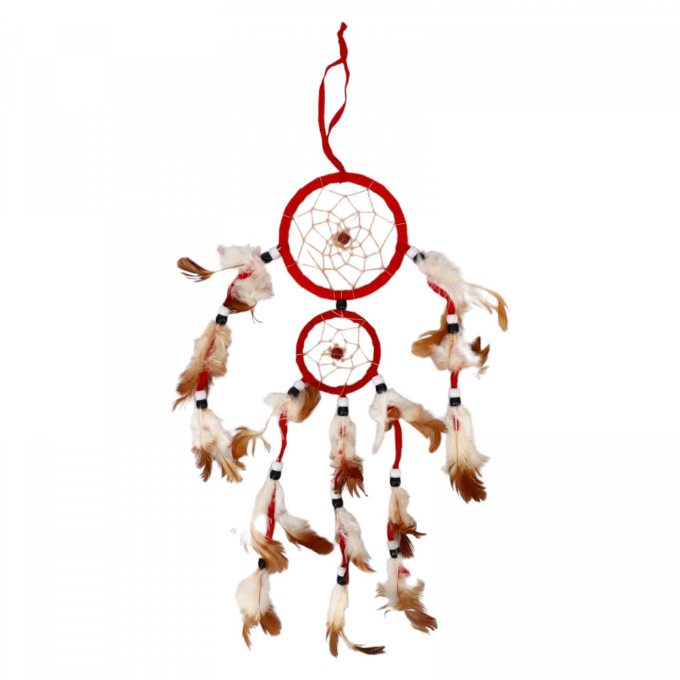 Prinzator de vise, cu 2 cercuri si 5 fire, Dreamcatcher, Feng Shui, NO2047, 33 cm, Rosu