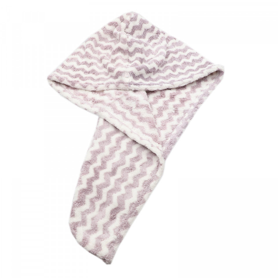 Prosop pentru uscat parul, cu un nasture pentru fixare, pentru adulti, model zig-zag, 65 x 26 cm, Lila