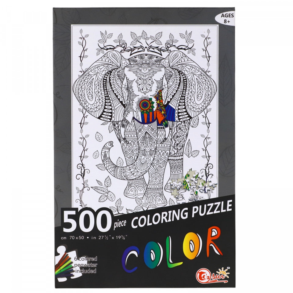 Puzzle de colorat, asambleaza si coloreaza, Elefant, 500 piese, 6 carioci incluse, 70 x 50 cm, 8 ani