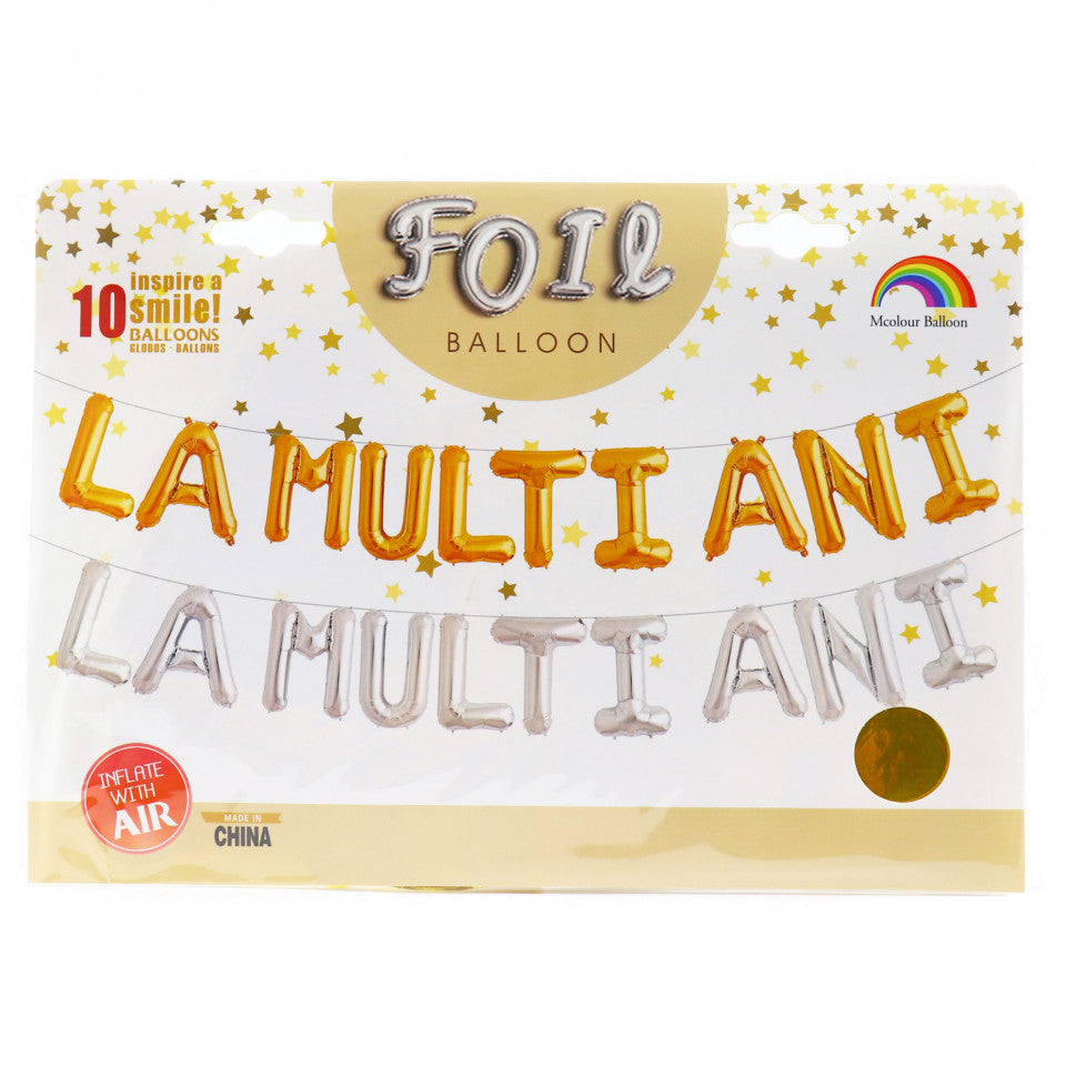 Set 10 baloane folie, mesaj " La Multi Ani ", Aurii, 40 cm