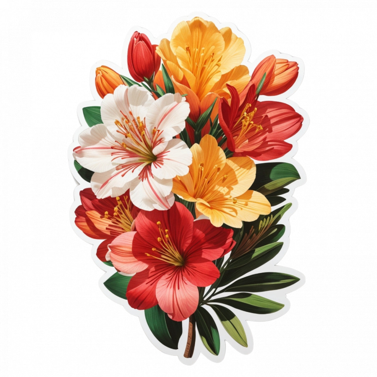 Set 12 bucati, Sticker decorativ, Buchet de astromeria cu frunze, Rezistent la apa, NO2567, 6 cm, Multicolor