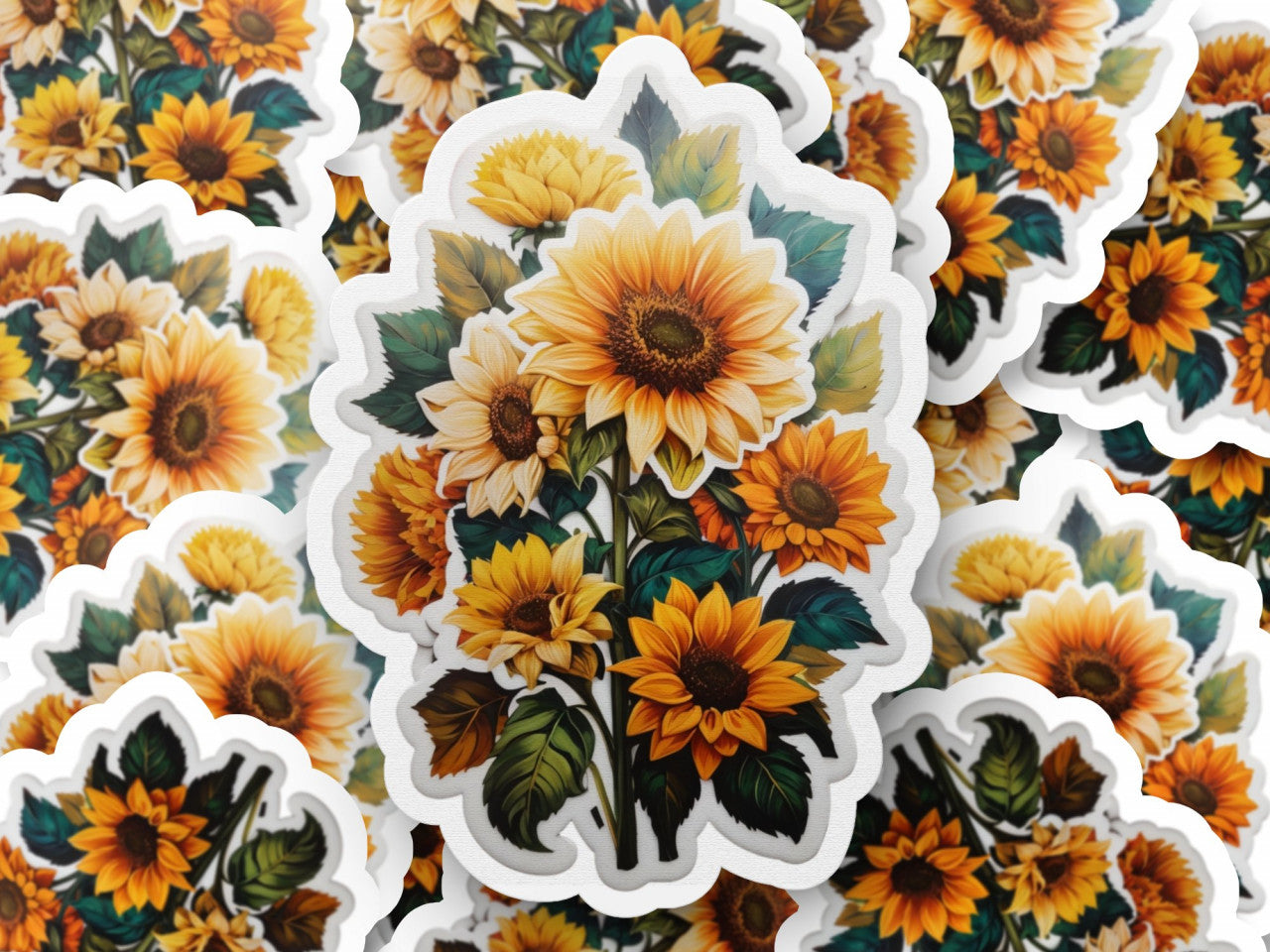 Set 12 bucati, Sticker decorativ, Buchet de floarea soarelui, Rezistent la apa, NO3617, 6 cm, Multicolor