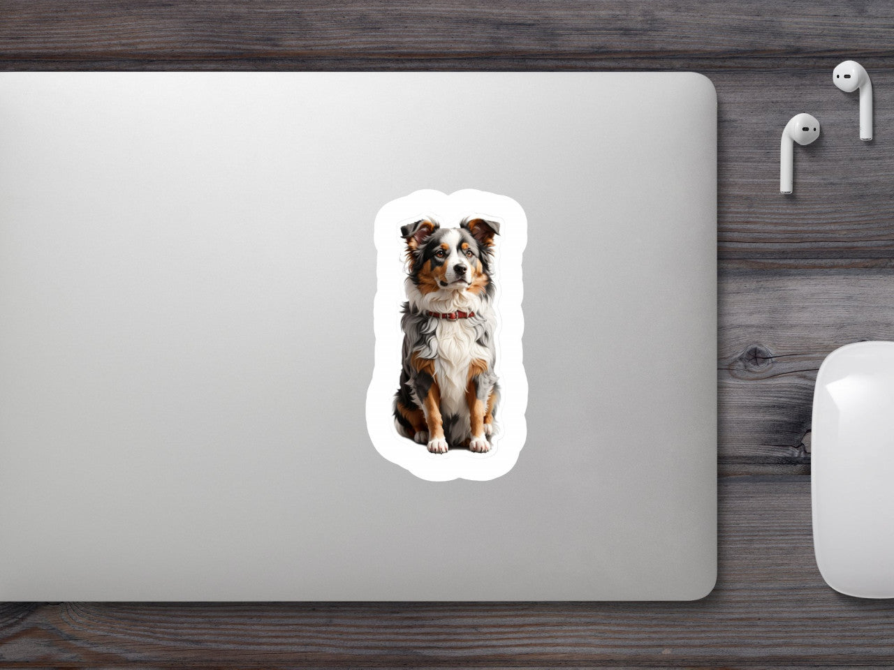 Set 12 bucati, Sticker decorativ, Caine ciobanesc american miniatural cu zgarda, Rezistent la apa, NO3252, 6 cm, Multicolor