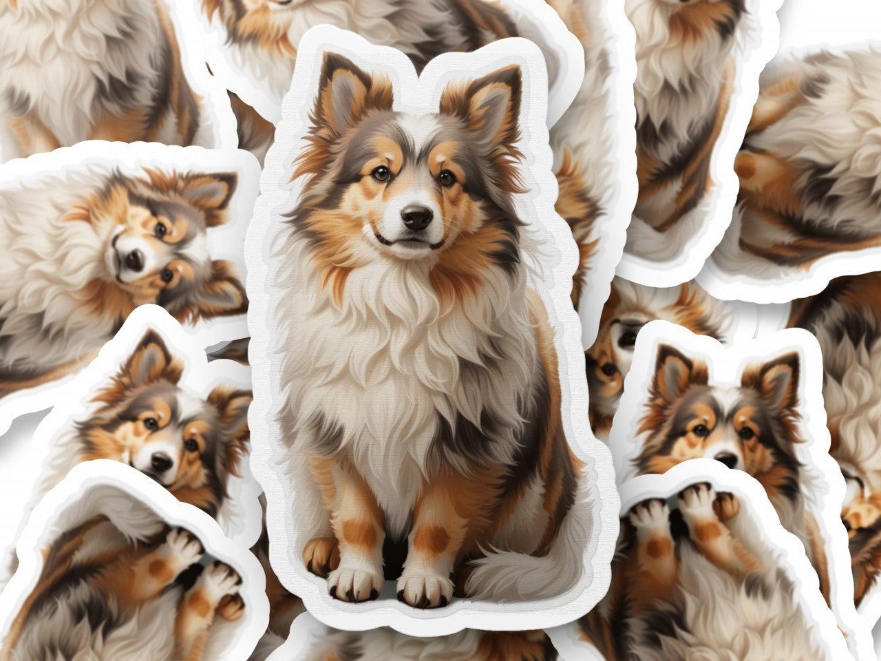 Set 12 bucati, Sticker decorativ, Caine Ciobanescde Shetland, Rezistent la apa, NO3558, 6 cm, Multicolor