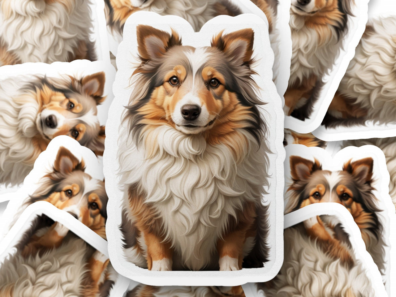 Set 12 bucati, Sticker decorativ, Caine Ciobanescde Shetland, Rezistent la apa, NO3559, 6 cm, Multicolor
