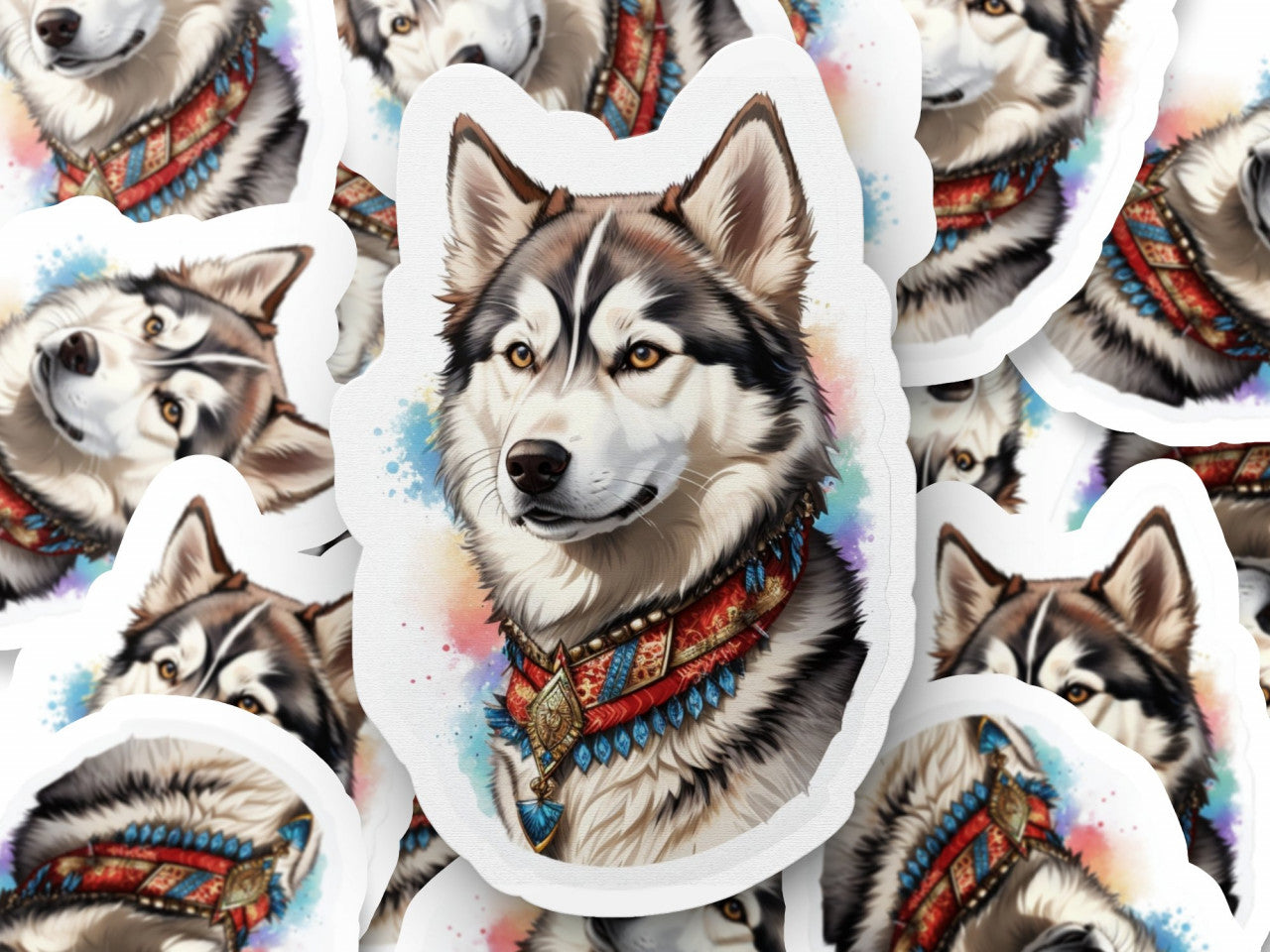 Set 12 bucati, Sticker decorativ, Caine Husky siberian cu zgarda, Rezistent la apa, NO3575, 6 cm, Multicolor