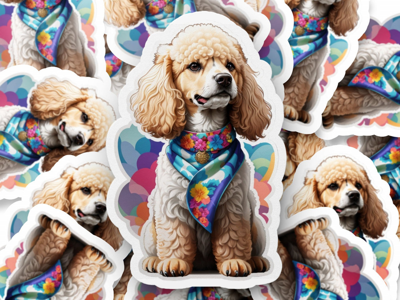 Set 12 bucati, Sticker decorativ, Caine poodle cu esarfa, Rezistent la apa, NO3442, 6 cm, Multicolor