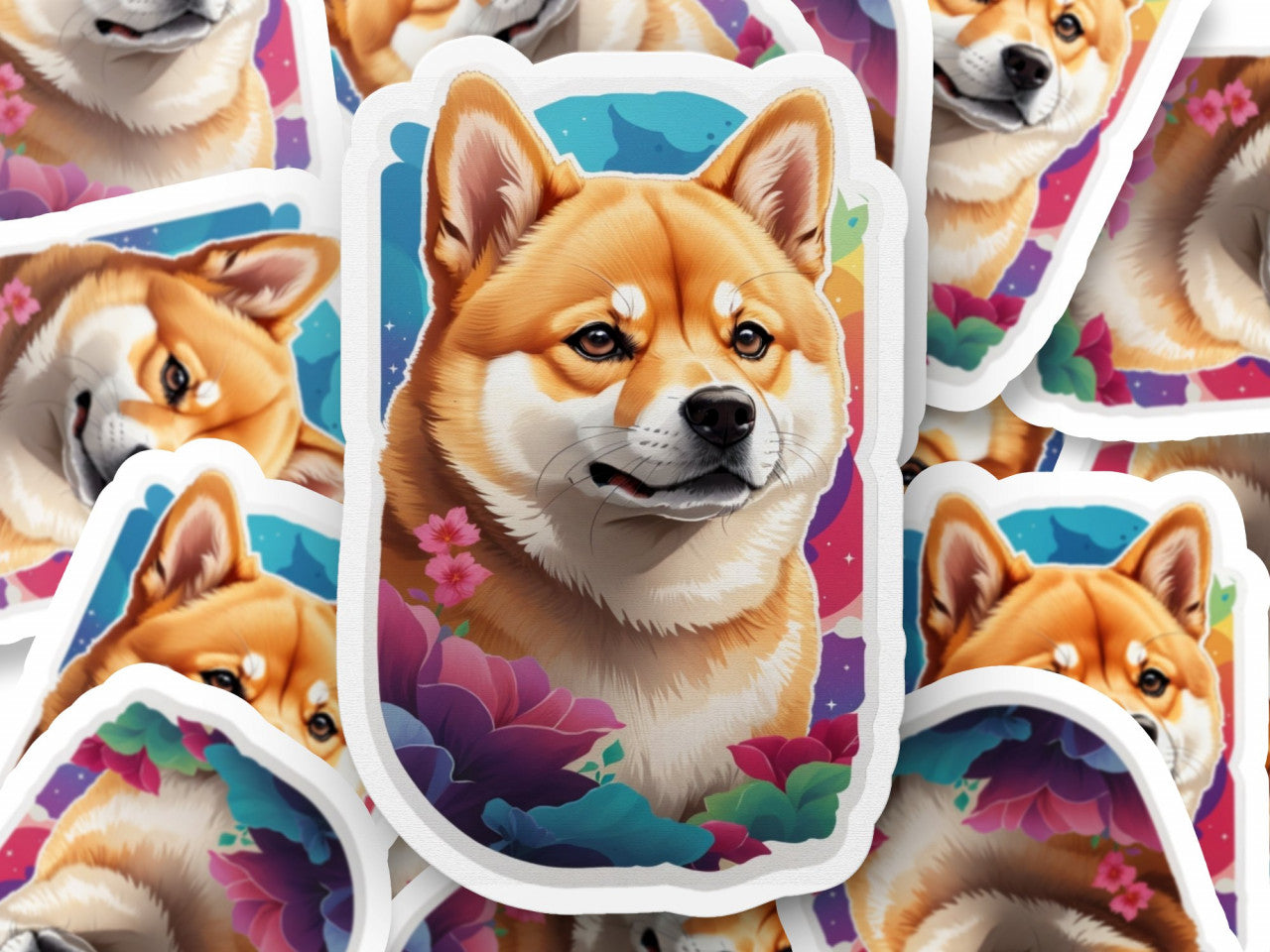 Set 12 bucati, Sticker decorativ, Caine Shiba Imu, Rezistent la apa, NO3562, 6 cm, Multicolor