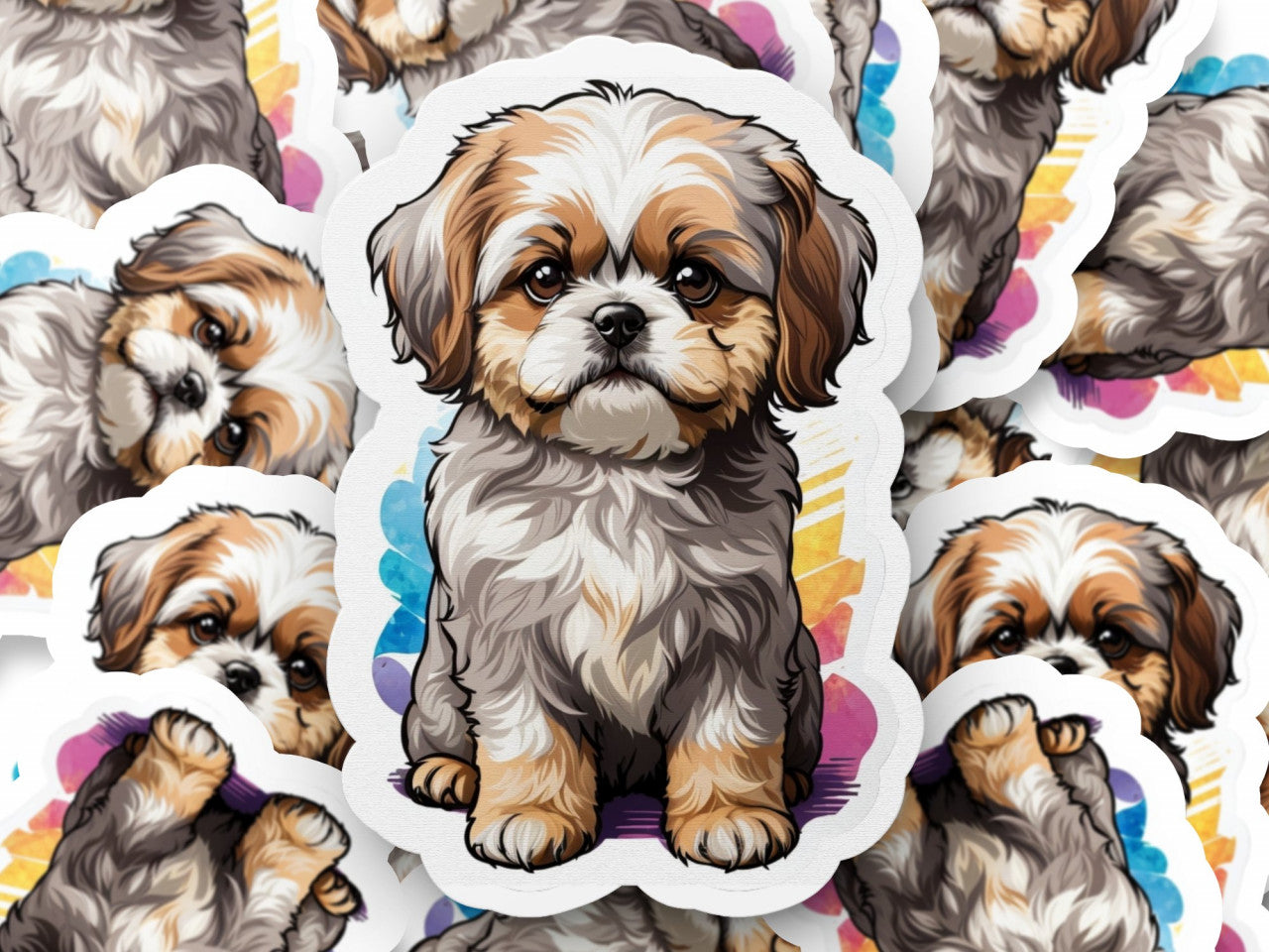 Set 12 bucati, Sticker decorativ, Caine Shih Tzu, Rezistent la apa, NO3566, 6 cm, Multicolor