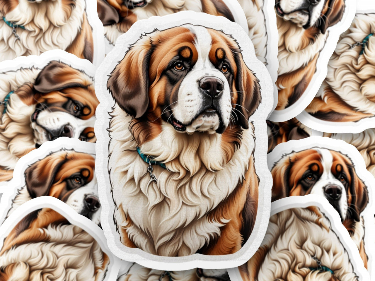 Set 12 bucati, Sticker decorativ, Caine st. Bernard cu zgarda, Rezistent la apa, NO3613, 6 cm, Multicolor