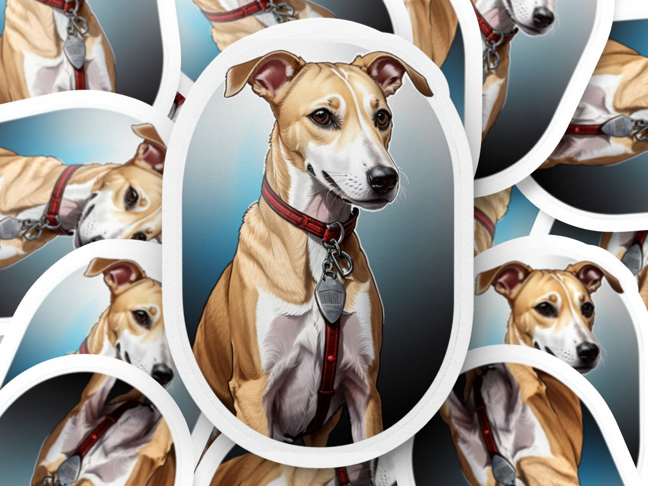 Set 12 bucati, Sticker decorativ, Caine Whippet cu medalion, Rezistent la apa, NO3723, 6 cm, Multicolor