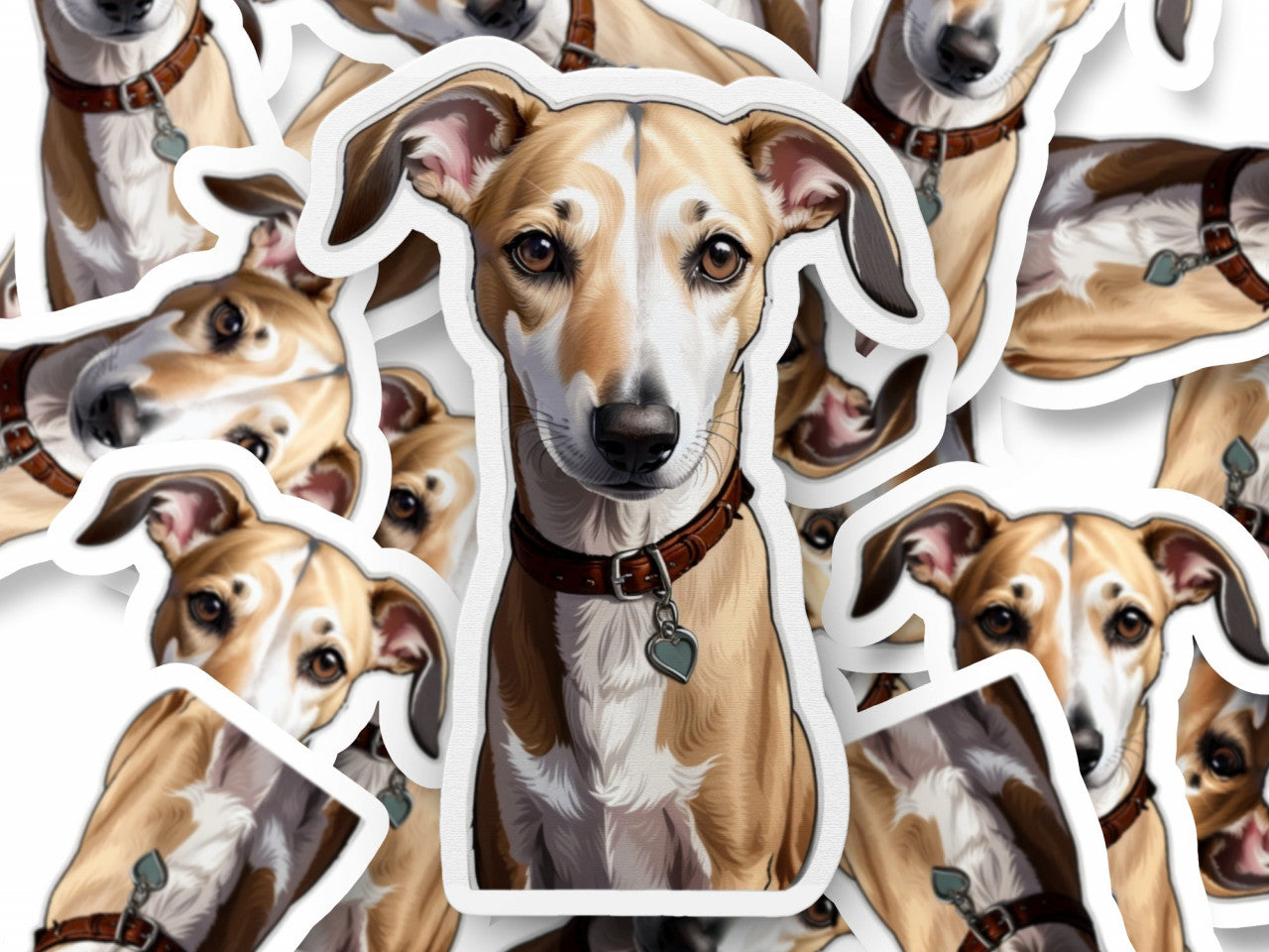 Set 12 bucati, Sticker decorativ, Caine Whippet cu zgarda si medalion, Rezistent la apa, NO3724, 6 cm, Multicolor