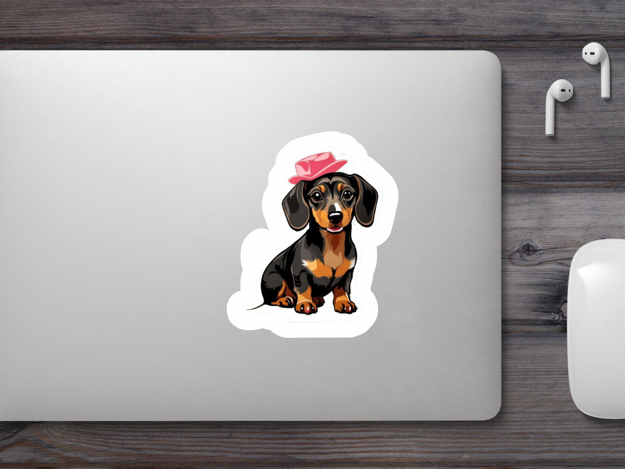 Set 12 bucati, Sticker decorativ, Dachshud cu palarie, Rezistent la apa, NO4387, 6 cm, Multicolor