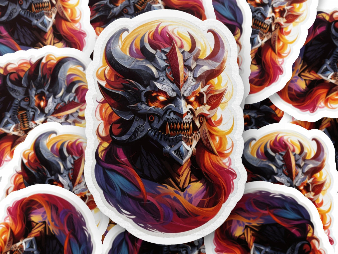 Set 12 bucati, Sticker decorativ, Demonul Andras masca de lupta, Rezistent la apa, NO2539, 6 cm, Multicolor