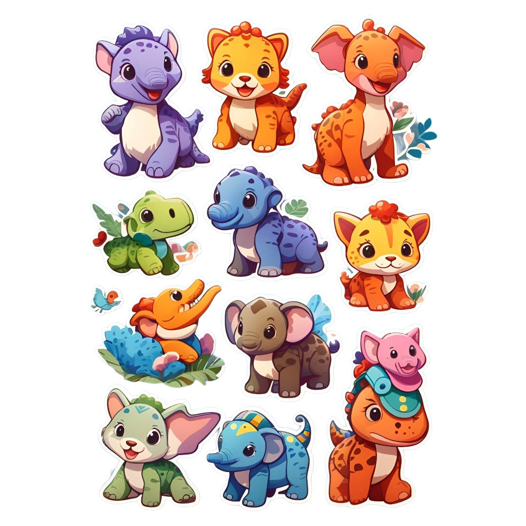Set 12 bucati, Sticker decorativ, Elefantei si mini Dino, Rezistent la apa, NO4075, 6 cm, Multicolor