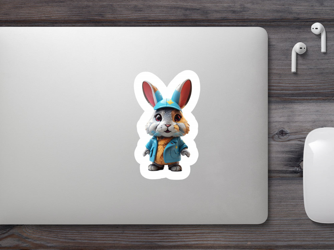 Set 12 bucati, Sticker decorativ, Iepure cu sapca si jacheta, Rezistent la apa, NO4590, 6 cm, Multicolor