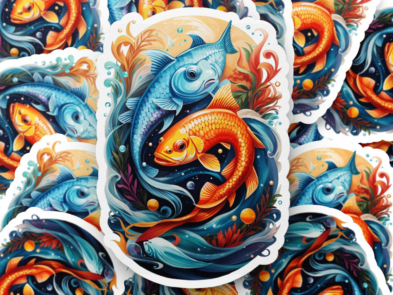 Set 12 bucati, Sticker decorativ, Pesti simbol zodia pesti, Rezistent la apa, NO3419, 6 cm, Multicolor